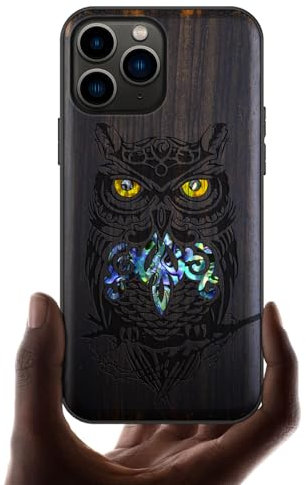 Carveit Étui pour iPhone 11 Pro Coque [Gravure en Bois et Incrustation de Coquille] Cover Compatible avec Apple 11 Pro Etui Bois Luxe et Case (Bois Sombre-Un Hibou perché sur Une Branche)