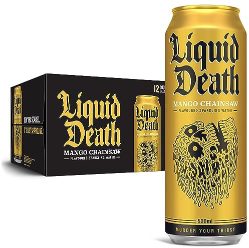 Liquid Death, Mango Chainsaw Sparkling Water, Mango Flavored Sparkling Beverage Sweetened With Real Agave, Low Calorie & Low Sugar, 12-Pack (Tallboy Size 16.9oz Cans)