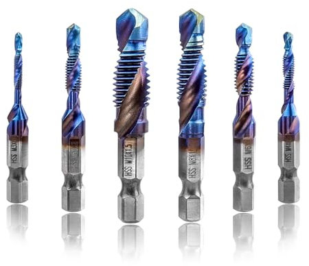 Treki 6 Stück Kombi Gewindeschneider Bit Set M3 M4 M5 M6 M8 M10, Manuell Gewindebohrer Set, Spiralgewindebohrer mit 6,35mm für Akkuschrauber, HSS Handgewindebohrer Maschinengewindebohrer Bits Satz