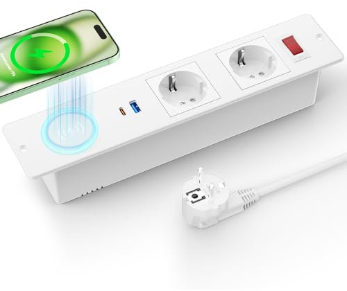 Airmom Ciabatta elettrica da incasso con caricatore wireless da 15 W e interruttore, presa da tavolo da incasso con USB C 20 W e porta USB, colore: bianco