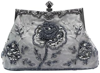 CORIOS Vintage 1920s Abendtasche Floral Clutch Tasche Damen Handgemachte Perle Handtasche Elegante Schultertasche Kette Umhängetasche Klein Tasche Hochzeit Bankett-Party Tasche Dunkelgrau
