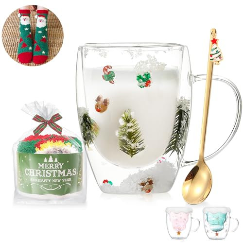 Weihnachtsgeschenke für Frauen und Männer Süße Schneeflocken Doppelwandige Kaffeetassen Espressotassen aus Glas mit Henkel, Weihnachtssocken Geschenke für Mama,Freunde,Kinder,Oma Weihnachtsdekoration