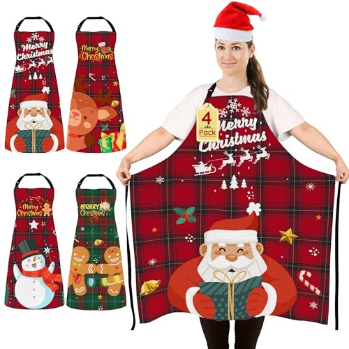 4 Stück Übergröße Weihnachtsschürze Lustig Kochschürze für Frauen Männer | Verstellbare Latzschürze XXL, Wasserdichte Küchenschürzen für Küche Backen Grillparty Weihnachtensparty Weihnachts Geschenk