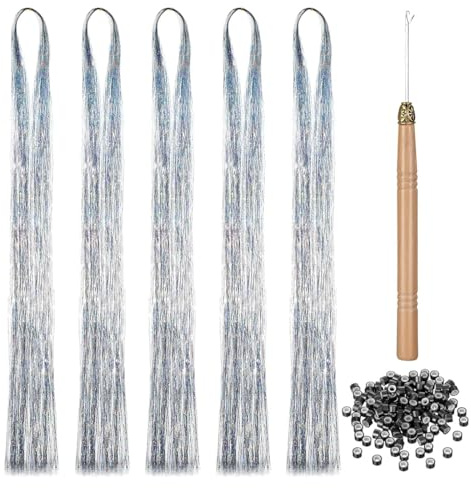 1000 Glitzer Haarsträhnen Lametta für Haare 120 cm Kunsthaar Zum Einflechten Tinsel Hair Extensions Glitter Glitzersträhnen Haarverlängerung Fairy Haarlametta Haarextension Kit (Silber)