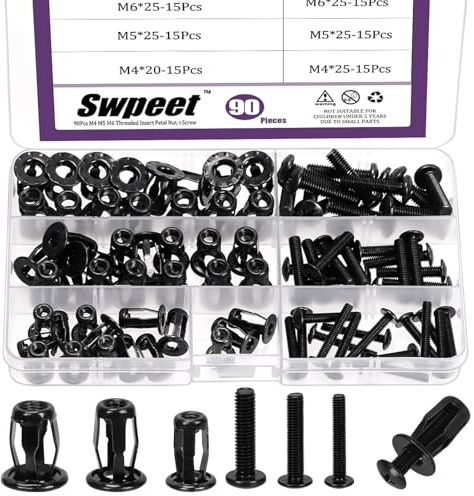 Swpeet Juego de 90 tuercas de gato huecas M4 M5 M6 con cabeza avellanada plana, tuercas de pétalo de inserción roscadas, tuerca de expansión, tornillos de tuerca, tornillos Phillips de cabeza plana