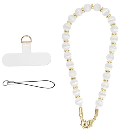 MORSUNBELA Bracelet Telephone Chaîne de Téléphone Portable, Bijoux de Telephone Lanière de Téléphone Perlée Chaine Telephone Portable, Chaîne de Téléphone Portable Perles (Blanc Laiteux)