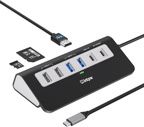 INTPW Hub USB C P9, adaptateur multiport USB 9 en 1 avec HDMI 4K, PD 100 W, USB-C et 2 USB A 3.0 5 Gbit/s, 2 USB A 2.0, lecteur de cartes SD/TF, hub USB alimenté en aluminium pour PC, iPhone 16/15