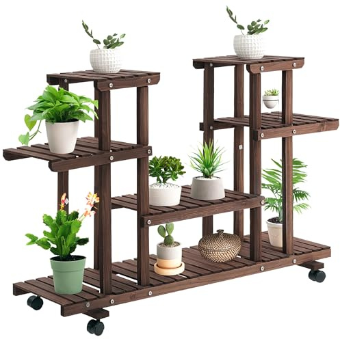 Outsunny Étagère à fleurs, support de plantes 6 niveaux, peut accueillir 8 à 10 plantes en pot, avec roulettes multidirectionnelles, pour l'intérieur et l'extérieur, en bois massif, couleur carbonisée