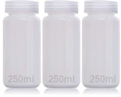DKBT Lot de 3 bouteilles vides en plastique à col large - 250 ml - Anti-fuite - Translucides - En polyéthylène haute densité - Avec large goulot - Pour échantillons d'eau