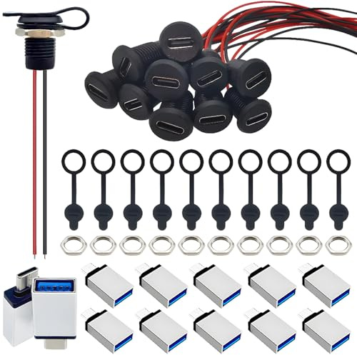 CESFONJER Câble montage panneau femelle type C avec capuchon étanche et queue cochon à 2 conducteurs connecteur, 10 ensembles câbles d'extension USB C avec adaptateurs (pour chargement uniquement)
