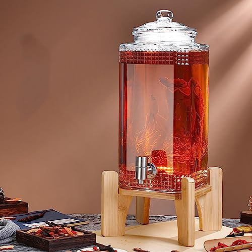 Ruiseawing Dispensador de Agua de Vidrio con Tapa, 3L/5L/7.5L, dispensador de Bebidas heladas con Grifo, Soporte y Tapa, para Barbacoa, Picnic, Fiesta en la Piscina (B 7.5kg)