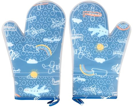 Thick Silicone Oven Mitts Heat Resistant Microwave Oven Gloves Cotton Lined Anti-Scald Insulated Kitchen Cooking Baking Gloves for BBQ Roasting Grilling (Blue Aircraft)