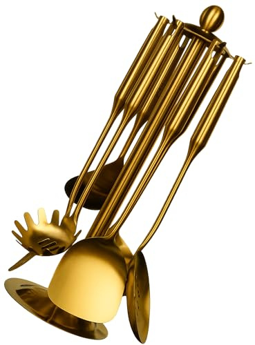 KüMAK 7-teiliger Edelstahl Küchenutensilien Set, Kochutensilien Set, Küchenhelfer, Kochgeschirr Set, Kochlöffel, Schaumlöffel, Schöpfkelle, Nudelkelle, Flachwender & Utensilienhalter (GOLD)