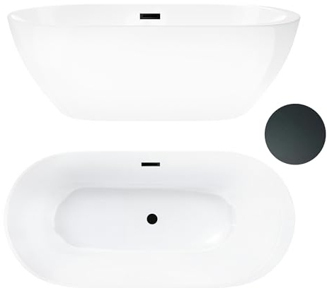 AQUAUNO Bañera acrílica independiente de 170 x 80 cm, ovalada, de acrílico sanitario de alta calidad, con desagüe clic-clac, rebosadero, cubierta, desagüe en negro, diseño bañera para baño moderno