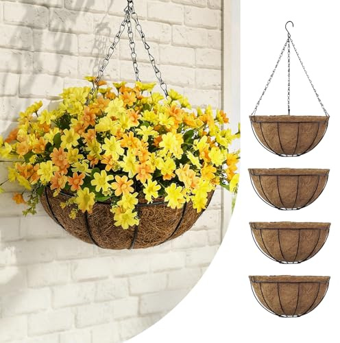 Bamworld Lot de 4 Pots Suspendus pour Plantes Intérieur de 12 Pouces avec Doublure en Fibre de Coco et Chaîne, Porte Plante Mural en Métal Noir pour Décoration de Jardin Balcon Porche