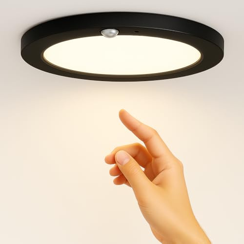 zenlavia Plafón LED con Sensor de Movimiento, 15W 1500lm, 3 Temperaturas de Color (3000K/4000K/6000K), Ø19cm Ultraplano, IP44 Impermeable, Lámpara de Techo Redonda para Pasillo, Negro