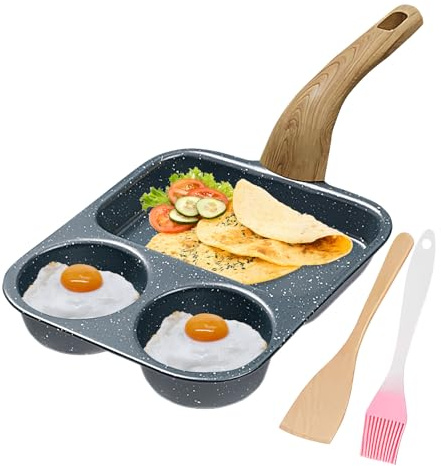 Biniveil Sartén Para Huevos - Sartén De Tortitas Antiadherente 3 Secciones Con Espátula Y Cepillo - De Cocina Con Divisiones Para Freír Tortitas Y Huevos Y Preparación De Comidas | Comidas En