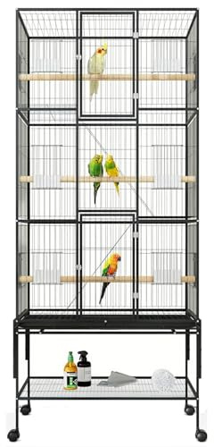 3 Etagen Vogelkäfig Groß, 176 x 82 x 47 cm Vogelvoliere mit 360° Rollen, Sitzstangen, Futternapf und Schmutzwanneneinsatz, Metall Voliere für Papageien Wellensittich Nymphensittich, Schwarz
