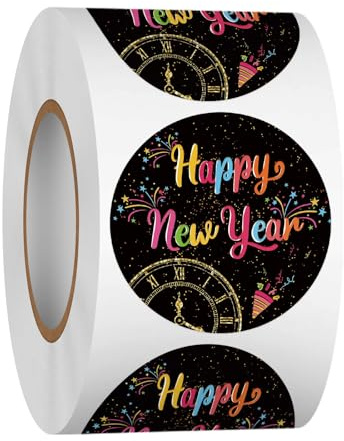 Happy New Year Aufkleber, 500 PCS Sticker Silvester, Frohes Neues Jahr Aufkleber, Frohes Neues Jahr Stickers Rolle, Happy New Year Neujahr Deko, für Grußkarten Geschenkboxen Partygeschenke (B)
