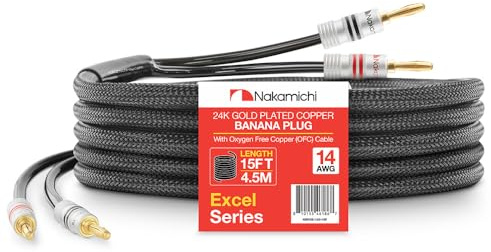 Nakamichi Excel Series 24k Gold Plated Banana Plugs With Speaker Cable Wire 99.9% Oxygen-Free Copper (OFC) Heavy Duty Braided for Amplifier Hi-Fi Home Theatre - Black (14AWG / 15 feet / 4.5m)