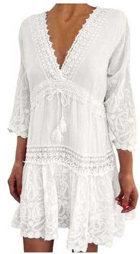 Modisches Damen-Strandkleid im Bohemian-Stil mit V-Ausschnitt Siebenviertelärmeln dekorativem Blumenmuster als Elegante Badebekleidung Überwurf