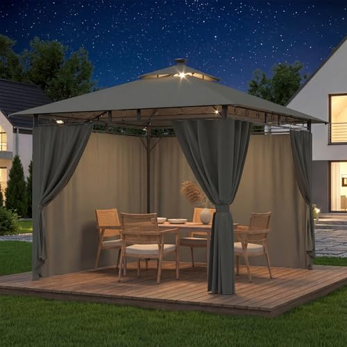 Devoko Aluminum Pergola with Lights, Adjustable Shading Surface, 50+ UV Protection, Gazebo 3x3 Waterproof Stable Winter Protection, Barbecue Gazebo Metal, Suitable for Garden and Terrace, Grey.