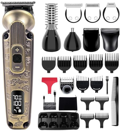 Hatteker Recortadora de barba Profesional Cortapelos para hombre Afeitadora eléctrica Recortadora de vello,nasal,facial, barba 8 en 1 kit (Bronce)