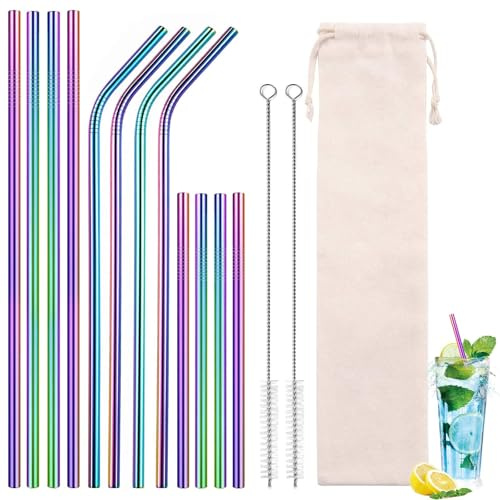 12 Pieces Stainless Steel Metal Drinking Straws Reusable Metal Straws | Straw Set with 2 Cleaning Brushes and Storage Bag, Straight and Bent Coloured, for Cocktail, Juice, Drink