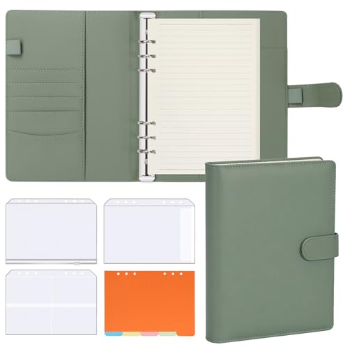 FYY Leather A5 Ring Binder Notebook, 6 Ring Travel Journal with 100gsm Refill Papers, Binder Pockets and Dividers, Personal Writing Planner for School, Office, Home, Meeting Green