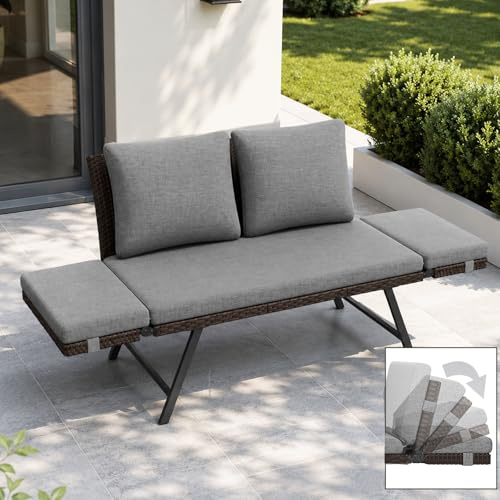 Fiutazge Polyrattan Loungesofa 2 Personen Kissen,Outdoor Daybed Gartenliege mit Verstellbare Armlehnen,Sitzbank mit Schlaffunktion,Gartenbett Balkonmöbel Set für Garten Terrasse-Grau