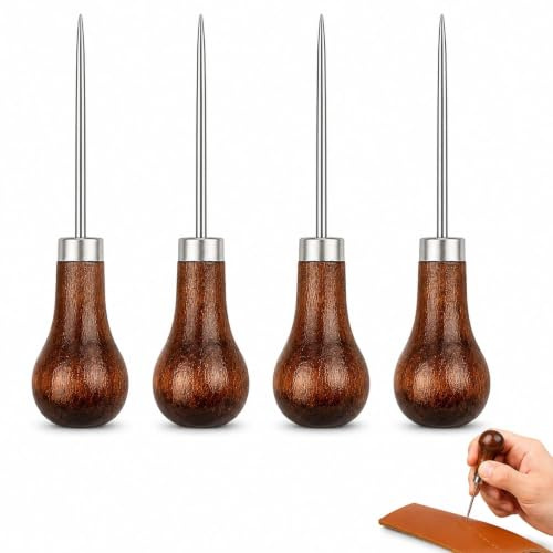4 Pack Gourd Shape Bradawl Awl Set, Wooden Handle Tailors Awl, Sharp Leather Sewing Punch Tool for Crafting, Perforating, Woodworking, DIY Handcraft Projects
