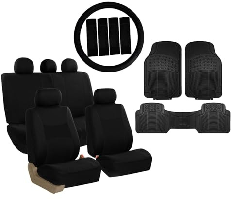 FH Group Light & Breezy Cloth Komplettes Set Autositzbezüge (schwarz) Combo Set: Lenkradbezug, Sicherheitsgurtpolster und Schwarze Vinyl-Fußmatten - Universal passend für Autos, LKWs & SUVs