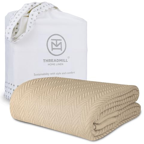 Threadmill Luxury Cotton Blankets for King Size Bed | All-Season Cozy 100% Cotton King Size Blanket | Herringbone Soft Fall Thermal Blanket fits California King Size Bed, 106x92 | Beige