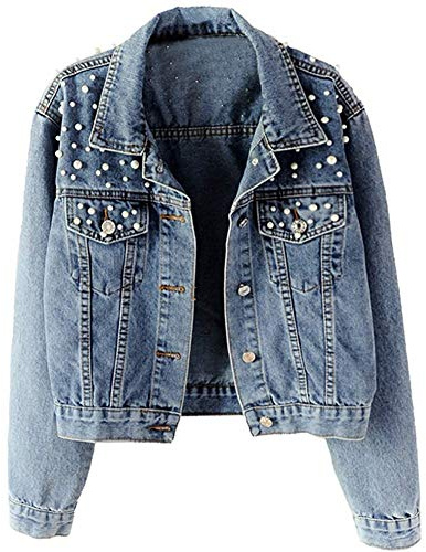 Lazutom Women Vintage Denim Jacket Pearls Beading Jeans Coat