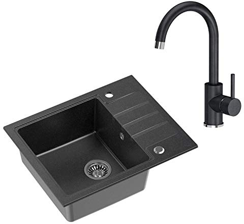VBChome Spüle mit Armatur 62 x 50 cm Tiefes Becken 20cm Schwarz Küche Abtropfflache Einbauspüle Verbundspüle ab 55er Unterschrank Küchenspüle Einzelbecken + Siphon Wasserhahn