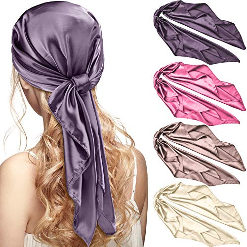 Syhood 4 Pcs 35 Inch Head Satin Large Bandana Satin Scarves Head Scarf for Women's Hair Square Scarf(Dark Grey, Camel, Beige, Light Rose Red)
