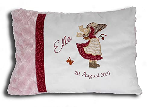 Besticktes Baby-Kissen mit niedlicher Vintage Mädchen-Applikation | Flauschiges Schmusekissen zur Geburt, bügelfrei