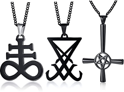 XUANPAI 3 Stück Satanismus Schmuck Leviathan Kreuz Halskette Siegel von Luzifer Umgekehrtes Kreuz Davidstern Halsketten Church of Satan Wiccan Amulett Schmuck für Männer Frauen,Schwarz