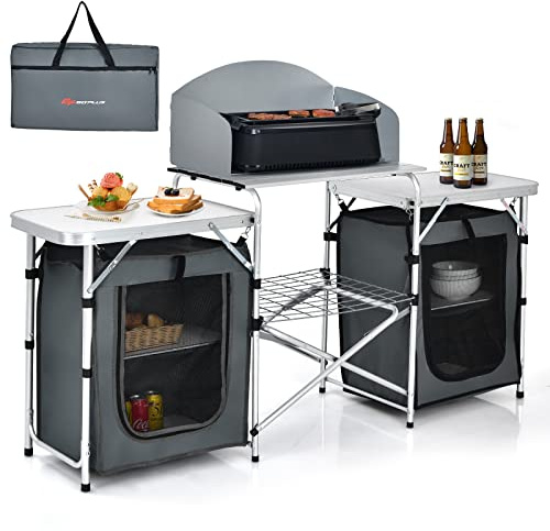 Goplus Folding Camping Kitchen Table with Storage, Aluminum Portable Outdoor Cooking Table with Windscreen, Foldable Camp Table Cook Station for BBQ, Grill, Party, Picnics