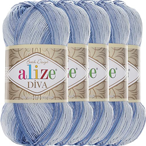 Hobby YARN 3x Etikettenlabel mit Alize Diva Batik Wolle 5 x 100g als Set, Garn, Yarn, Strickgarn mit Farbverlauf, Baby, Akzente, Accessoire, zum Häkeln, Stricken, Kleidung (3282)