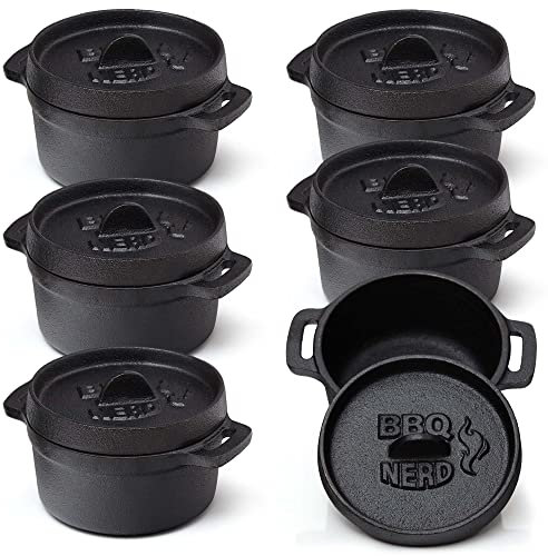 BBQ-Nerd 6er Set Mini Dutch Oven - Kleiner Gusseisentopf mit Deckel 11x5cm für Grill, Feuerstelle, Backofen, Herd - Serviertöpfe Kochtopf Schmortopf Brottopf Bräter Cocotte - Feuerfester Topf