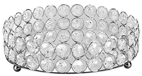 Runde Kristall Kosmetik Tablett, 20x20x5 cm Große Gespiegelte Make-up Schmuck Organizer Platte Deko Kristallperlen Serviertablett für Home Badezimmer Hochzeit Bankette(Silber)