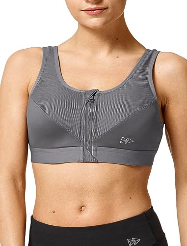 Yvette Sport-BHs mit Reißverschluss vorne, 32A-48DD Plus Size für Frauen High Impact Yoga BH Wirefree Keine Polsterung, GRAU, 85D