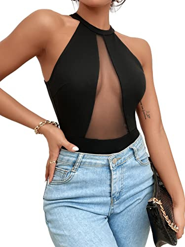 GORGLITTER Women's Mesh Sheer Sleeveless Bodysuit Halter Neck Sexy Lingerie Top