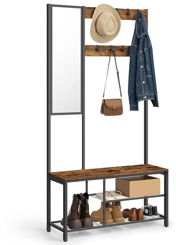 VASAGLE Garderobenständer, Garderobe mit Haken, Kleiderständer mit Spiegel, Schuhbank und Ablagen, 36 x 98 x 185 cm, für Flur, Schlafzimmer, Wohnzimmer, vintagebraun-schwarz HSRAM050B01