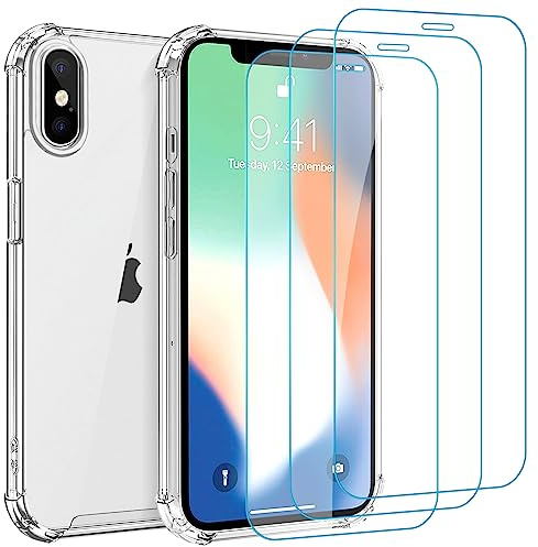 Whioltl Hülle für iPhone X und XS mit 3 Stück Schutzfolie, 4 in 1 Durchsichtige Kratzfest Stoßfest Handyhülle, Rundumschutz Nicht Vergilbend Schutzhülle, Transparent Weiches Case Cover