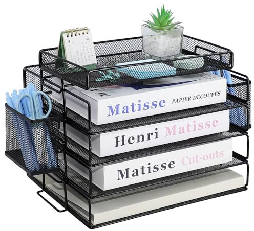 ideallife Briefablage Metall Stapelbar, Zeitschriftenhalter mit 4 Briefablagen aus Metallgeflecht, Büroschreibtisch Ordnungsmappe mit Zwei Stifthaltern für Büro, Schule, Zuhause