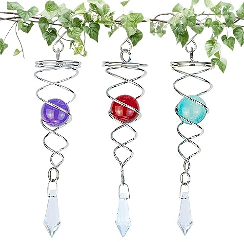 3PCS Gazing Ball Spiral Tail, Prefdo 4.5 inch Metal Wind Spinner Stabilizer, Crystal Glass Ball with Hanging Swivel Hook, Outdoor Yard Garden Wind Spinner Decorations(Red,Lake Blue,Purple)