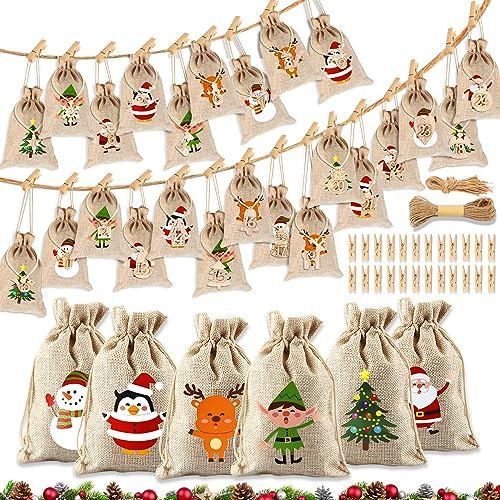 Adventskalender zum Befüllen, Adventskalender Stoffsäckchen, Weihnachten Adventskalender Taschen, 24 Adventskalender Stoffbeutel mit 24 Adventskalender Zahlen+Holzklammern+Hanfseil (christmas tree)