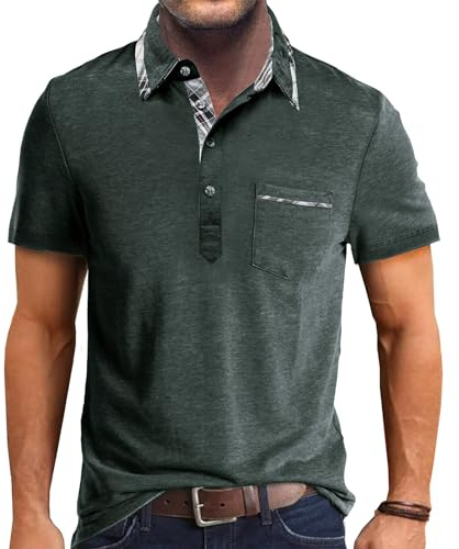 Comilaka kortärmad ledig pikétröja för män klassisk knappkontrasterande färger T-shirts med ficka snygga toppar, gRÖN, XL
